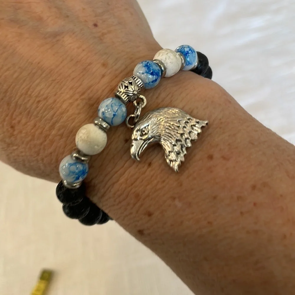 Lava rock blue natural stone silver Eagle charm stretch bracelet